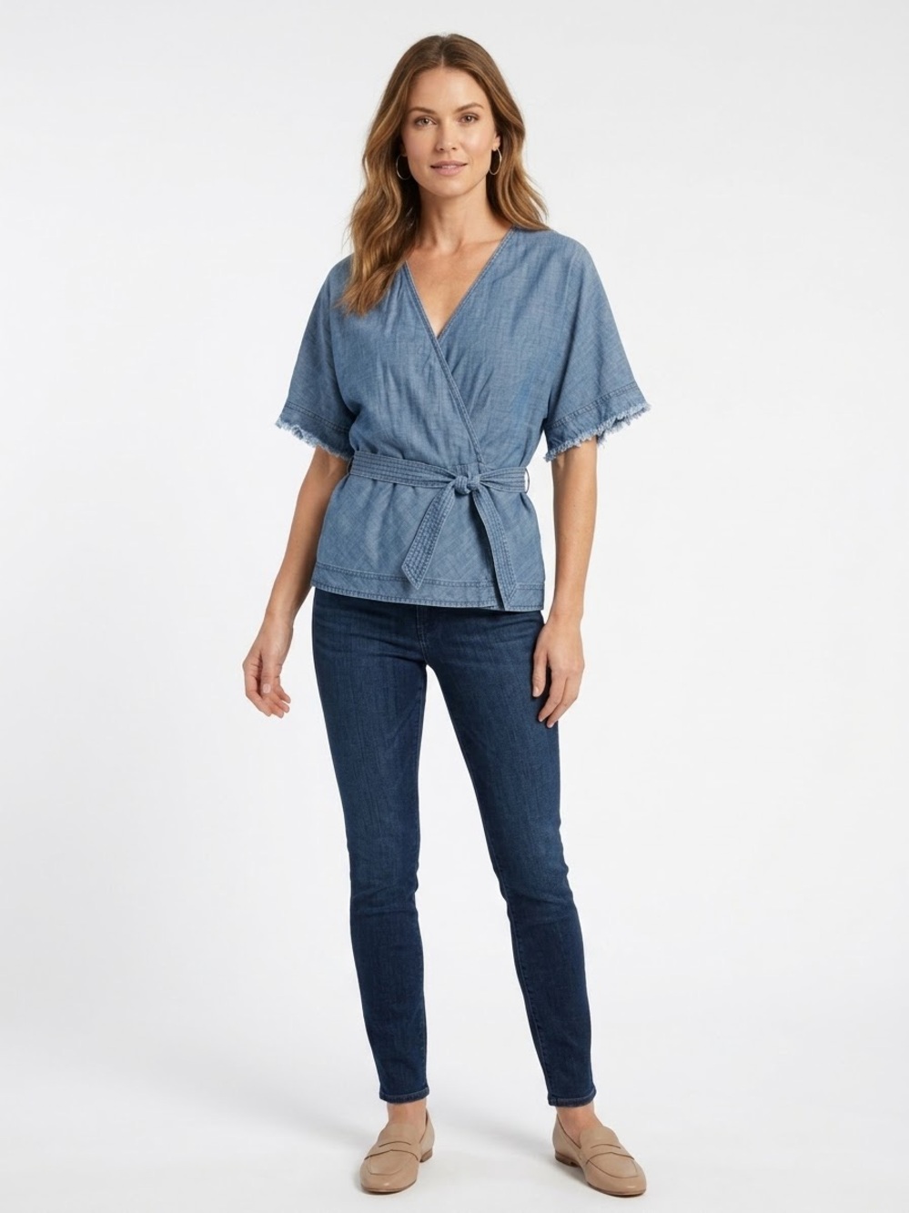 Trina Turk Chambray V-neck Tie Blouse